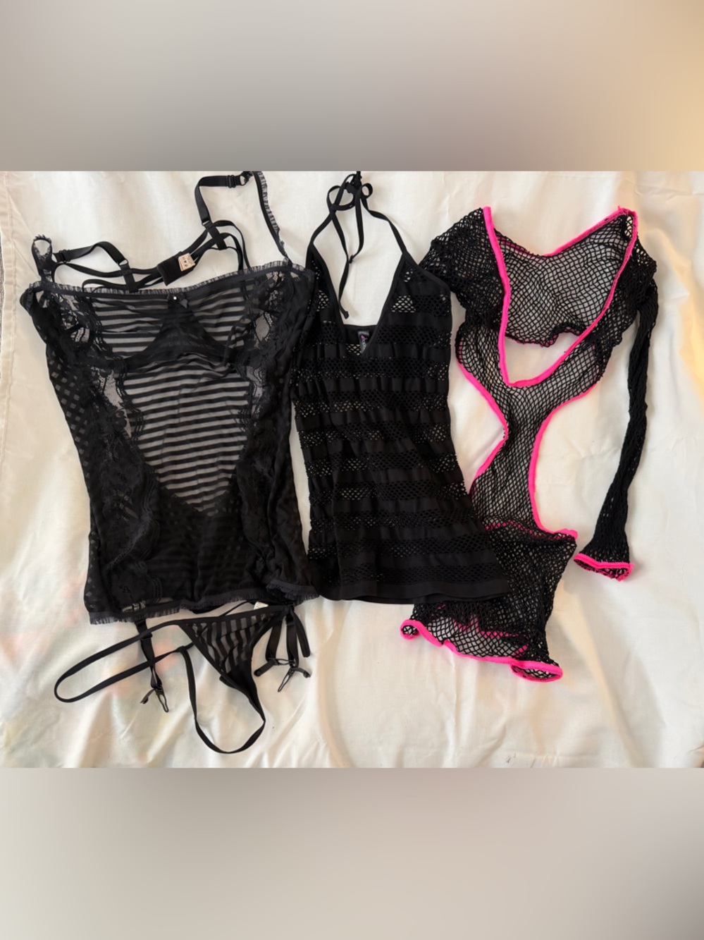 Sheer Black Lace & Mesh Chemise with Pink-Trim Accents